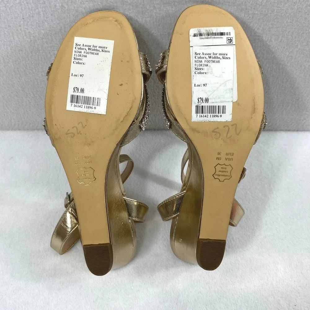 Womens Gold Rhinestone Wedge Sandals Size‎ 6M Metallic Ankle Strap Evening Shoes